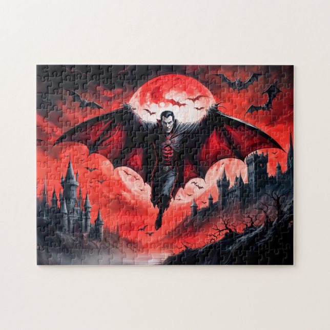 Vampyr flygande över spökande slott pussel (Horisontell)