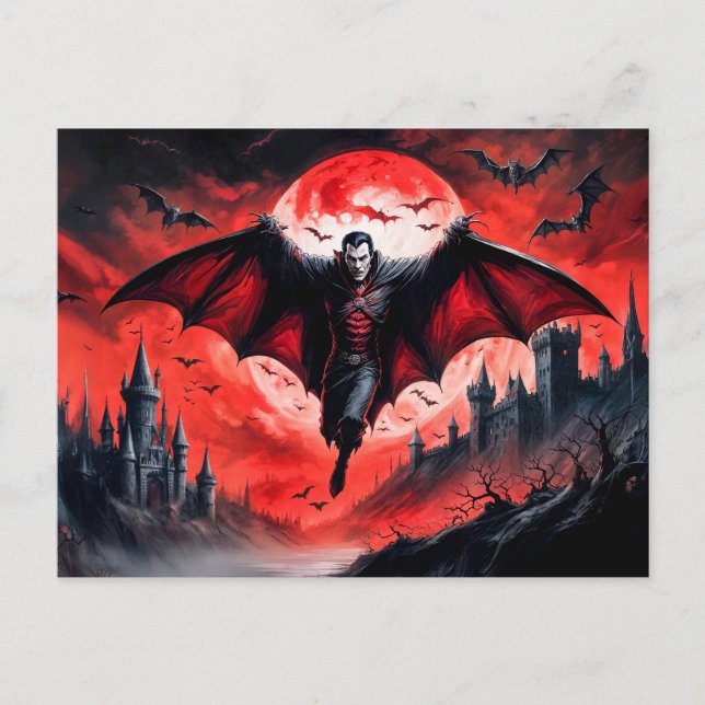 Vampyr flygande över spökande slott vykort (Framsida)