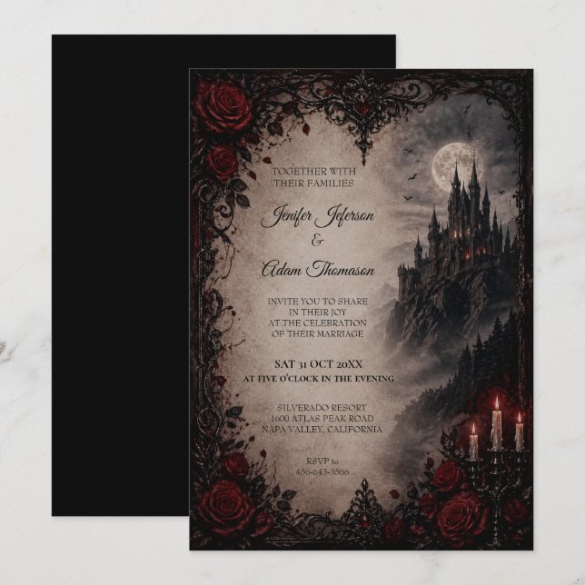 Vampyr gotisk Halloween bröllopsinbjudan Inbjudningar (Fram/baksida)