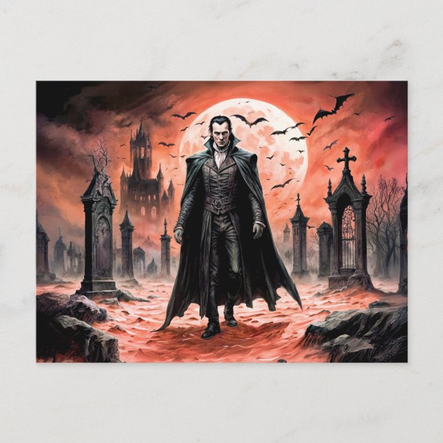Vampyr i månbelyst kyrkogård vykort (Framsida)