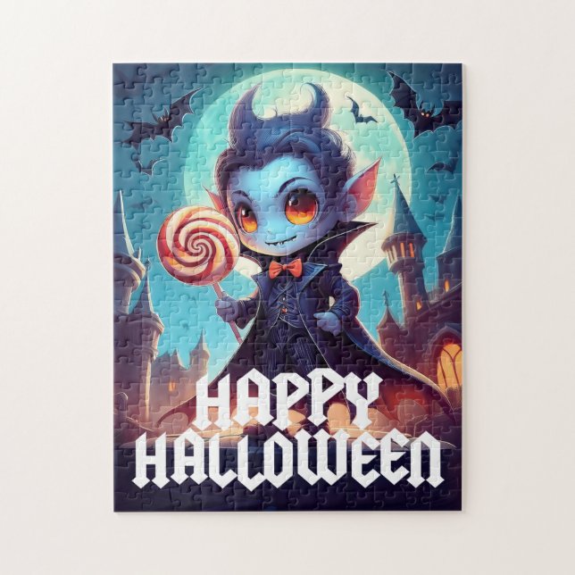 Vampyr som äter godis Glad Halloween Pussel (Vertikal)