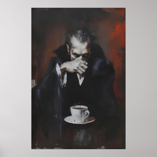 Vampyr som dricker kaffe konsttryck, gotisk mörk poster (Framsidan)