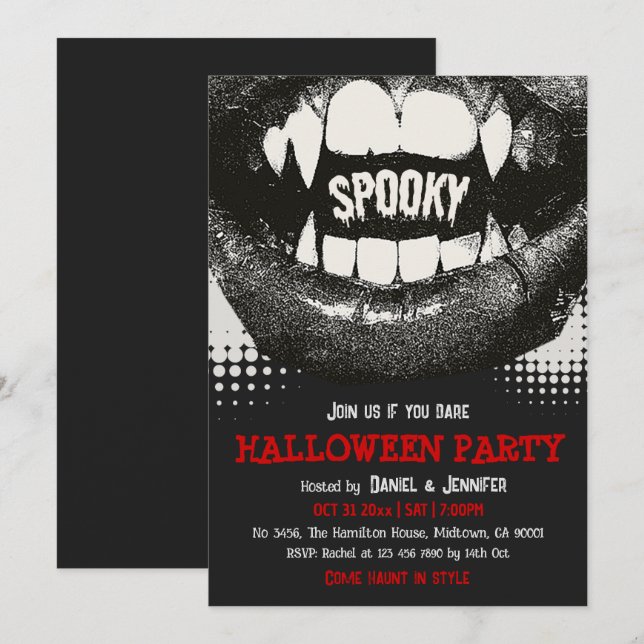 Vampyr Tand Skummlig Halloweenfest Blodröd Inbjudningar (Fram/baksida)