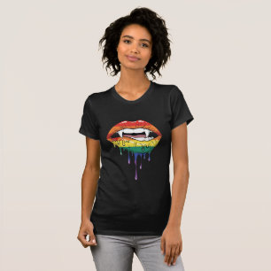 Vampyr Tänder Droppande Regnbåge Läppar Edgy Pop T Shirt