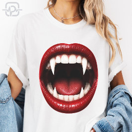 Vampyr Tänder Röda Läppar Öppen Mun Halloween T Shirt