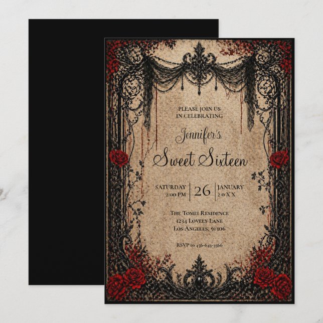 Vampyr Vintage Gotisk Sweet 16 Inbjudningar (Fram/baksida)