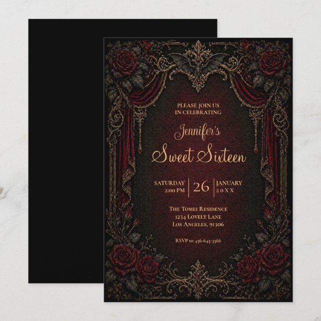 Vampyr Vintage Gotisk Sweet 16 Inbjudningar (Fram/baksida)