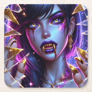 Vampyre med Guld Ögon och Teeth Halloween Underlägg Papper Kvadrat