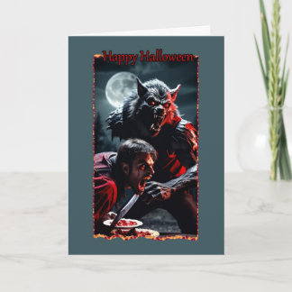 Vampyre och varulv-kamp över Paj Halloween-kort Kort