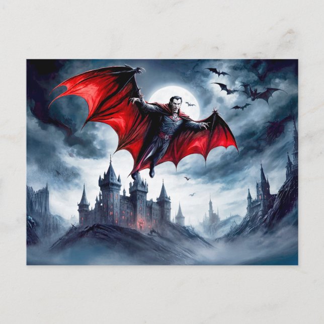 Vampyre som flyger över korssubventionerad slott vykort (Framsida)