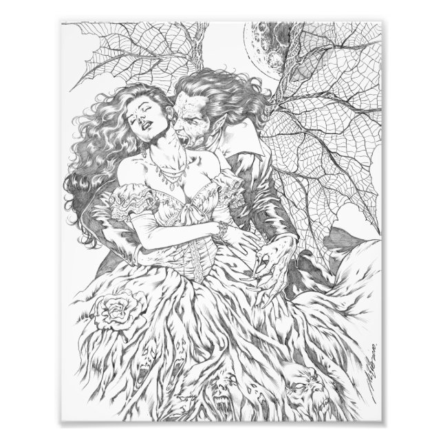 Vampyres kyss av Al Rio - Vampyre och Woman Art Fototryck (Framsidan)