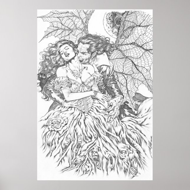 Vampyres kyss av Al Rio - Vampyre och Woman Art Poster (Framsidan)