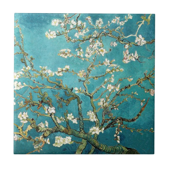 Van Gogh Almond Blommar konst vita blommor på blåt Kakelplatta (Framsidan)