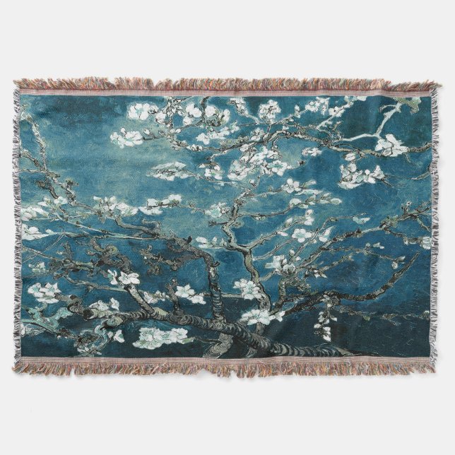 Van Gogh Almond Blommar Mörk  Teal Filt (Framsidan)