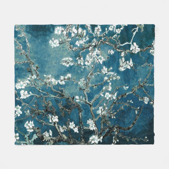 Van Gogh Almond Blommar Mörk  Teal Fleecefilt (Framsidan (Horisontell))
