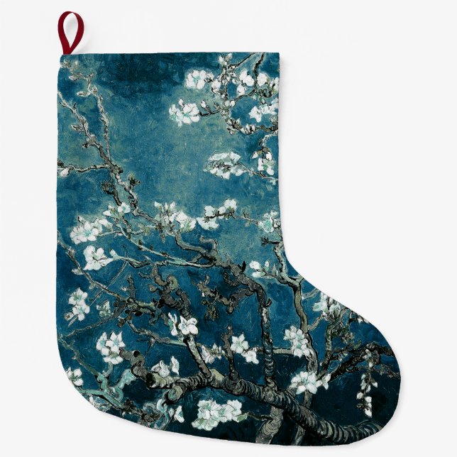Van Gogh Almond Blommar Mörk  Teal Stor Julstrumpa (Framsidan)