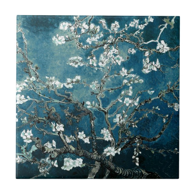 Van Gogh Almond Blommars: Mörk Teal Kakelplatta (Framsidan)