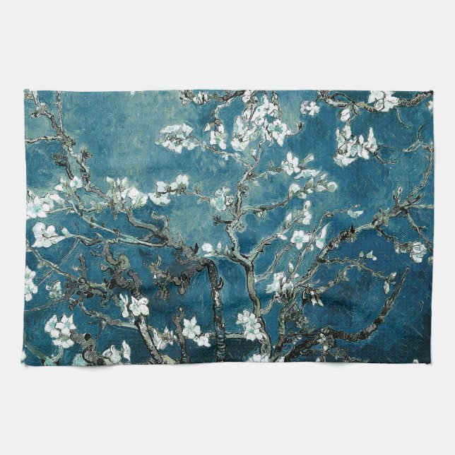 Van Gogh Almond Blommars: Mörk Teal Kökshandduk (Horisontell)