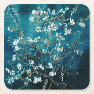 Van Gogh Almond Blommars: Mörk Teal Underlägg Papper Kvadrat
