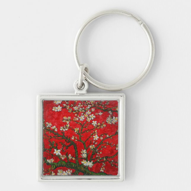 Van Gogh Almond Blommars Red Fyrkantig Silverfärgad Nyckelring (Framsidan)