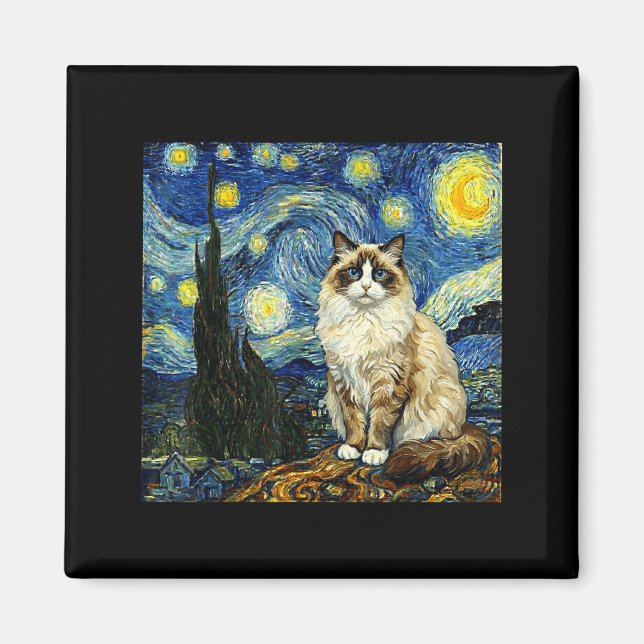 Van Gogh Art Starry Night - Funny Ragdoll Cat Arti Magnet (Framsidan)