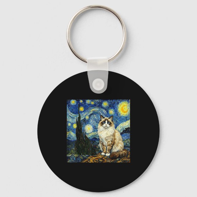 Van Gogh Art Starry Night - Funny Ragdoll Cat Arti Nyckelring (Framsida)