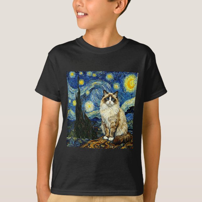 Van Gogh Art Starry Night - Funny Ragdoll Cat Arti T Shirt (Framsida)