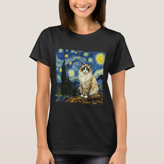 Van Gogh Art Starry Night - Funny Ragdoll Cat Arti T Shirt (Framsida)