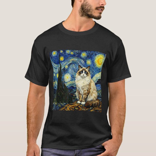 Van Gogh Art Starry Night - Funny Ragdoll Cat Arti T Shirt (Framsida)