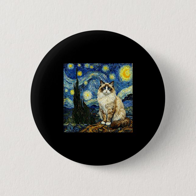 Van Gogh Art Stjärnkväll - Rolig Ragdoll Katt Kons Knapp (Framsida)