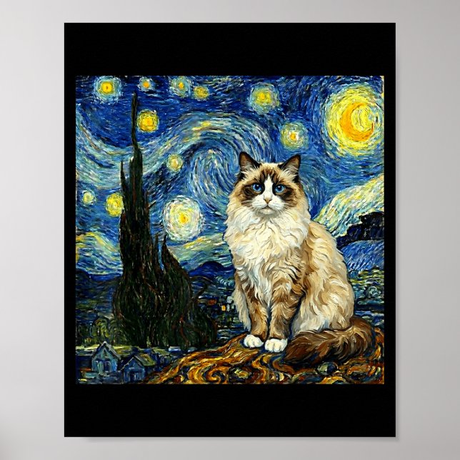 Van Gogh Art Stjärnkväll - Rolig Ragdoll Katt Kons Poster (Framsidan)