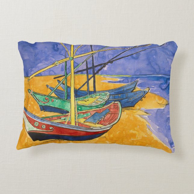 Van Gogh Båtar Impressionism Strand Prydnadskudde (Baksidan)