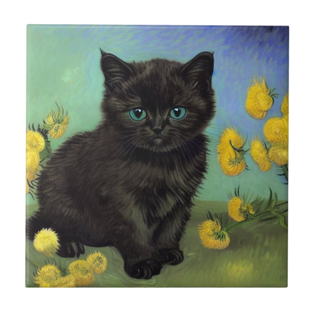 Van Gogh Black Cat Gula blommor Kakelplatta (Framsidan)