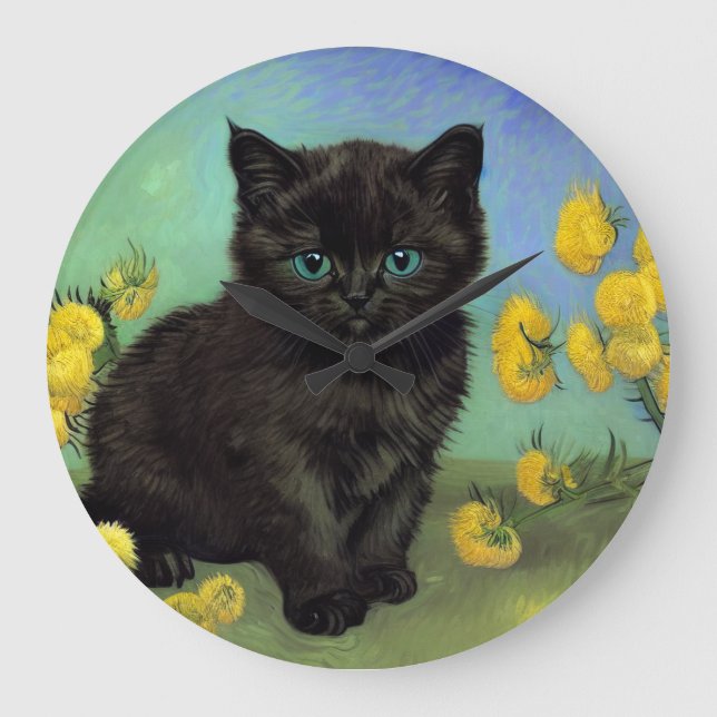 Van Gogh Black Cat Gula blommor Stor Klocka (Framsida)