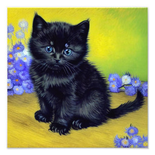 Van Gogh Black Cat Lila blommor Fototryck