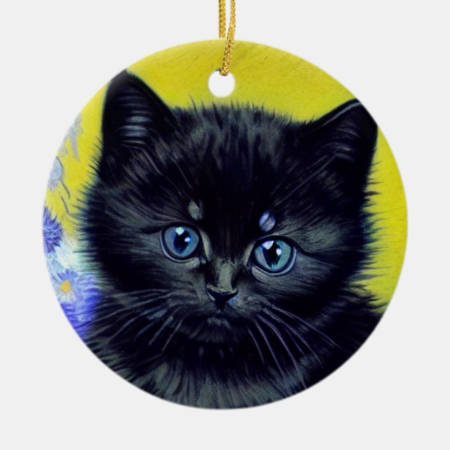 Van Gogh Black Cat Lila blommor Julgransprydnad Keramik (Framsidan)