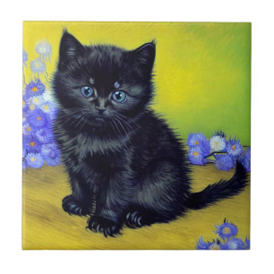 Van Gogh Black Cat Lila blommor Kakelplatta