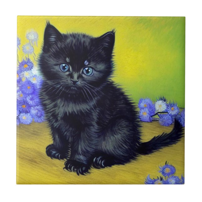 Van Gogh Black Cat Lila blommor Kakelplatta (Framsidan)