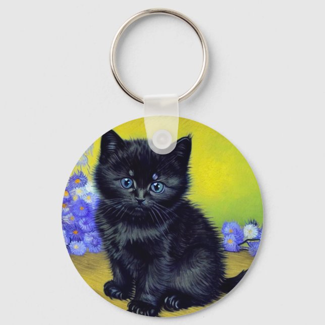Van Gogh Black Cat Lila blommor Nyckelring (Framsida)