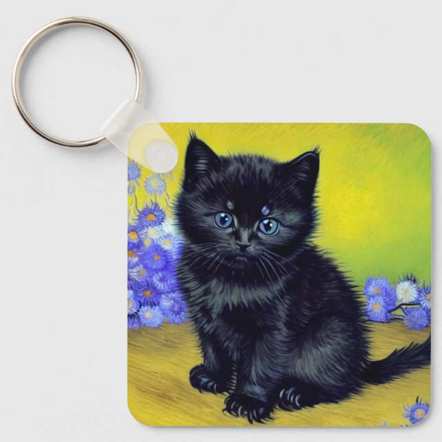 Van Gogh Black Cat Lila blommor Nyckelring (Framsida)