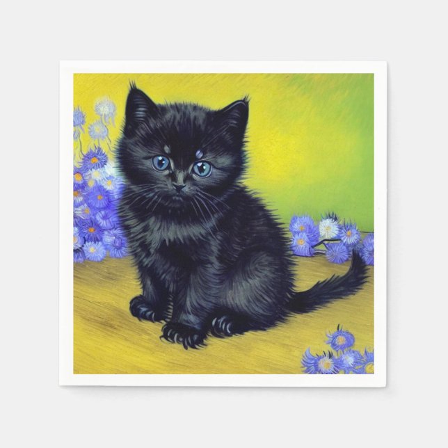 Van Gogh Black Cat Lila blommor Pappersservett (Framsidan)