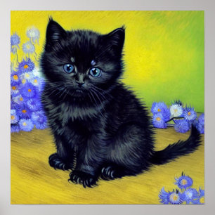 Van Gogh Black Cat Lila blommor Poster