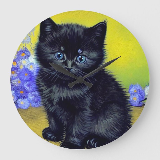 Van Gogh Black Cat Lila blommor Stor Klocka (Framsida)