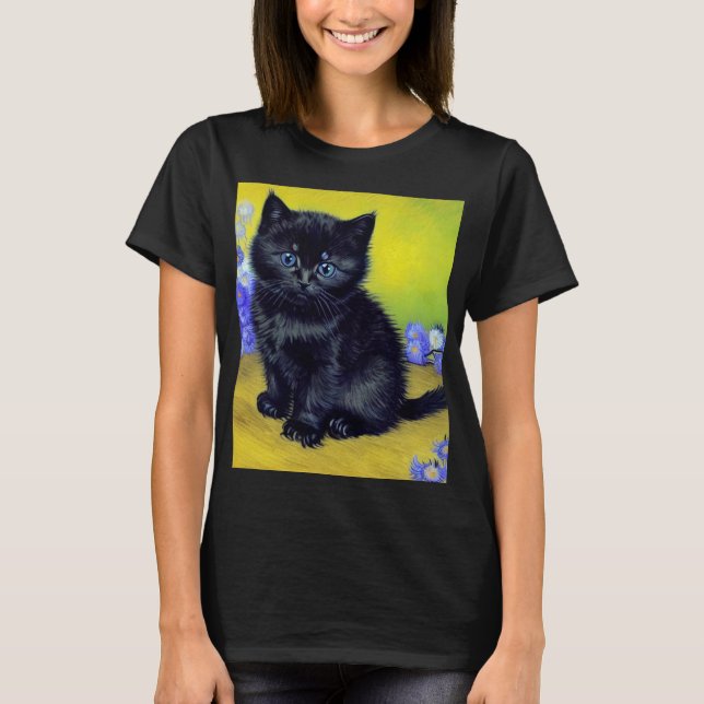 Van Gogh Black Cat Lila blommor T Shirt (Framsida)