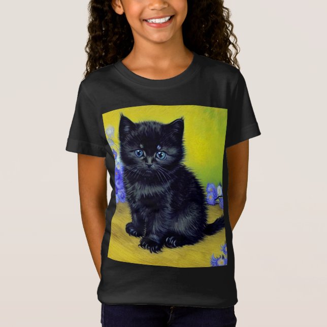 Van Gogh Black Cat Lila blommor T Shirt (Framsida)