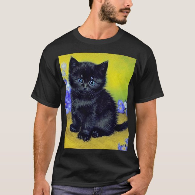 Van Gogh Black Cat Lila blommor T Shirt (Framsida)