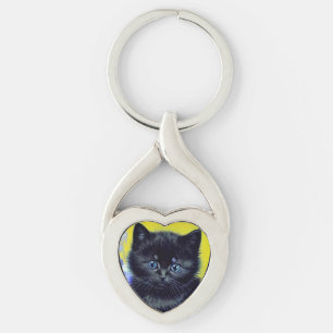 Van Gogh Black Cat Lila blommor Twisted Heart Silverfärgad Nyckelring