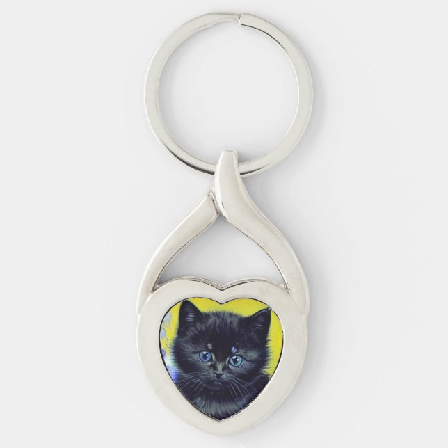 Van Gogh Black Cat Lila blommor Twisted Heart Silverfärgad Nyckelring (Framsidan)