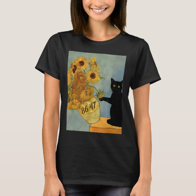 Van Gogh Black Cat med solrosor 8647 subtle Res T Shirt (Framsida)