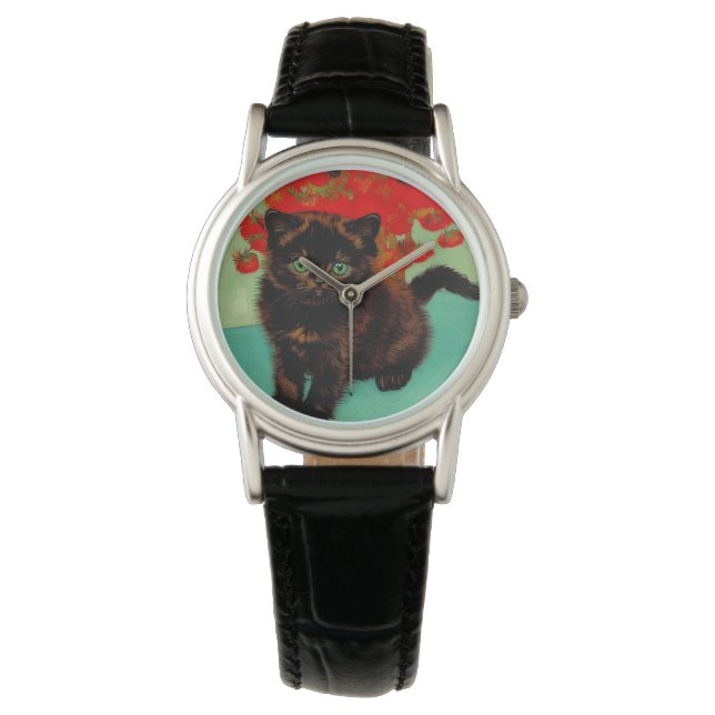 Van Gogh Black Cat Red Flowers Armbandsur (Framsida)